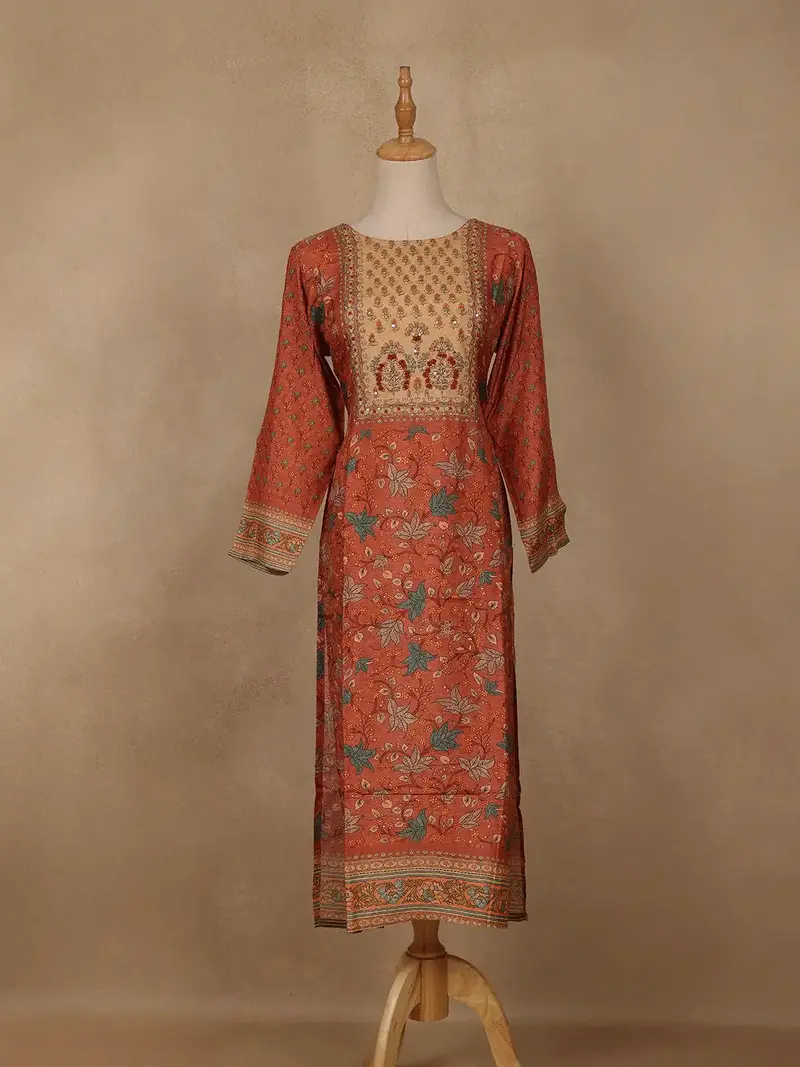 Peach Floral Printed Rayon Kurti 1