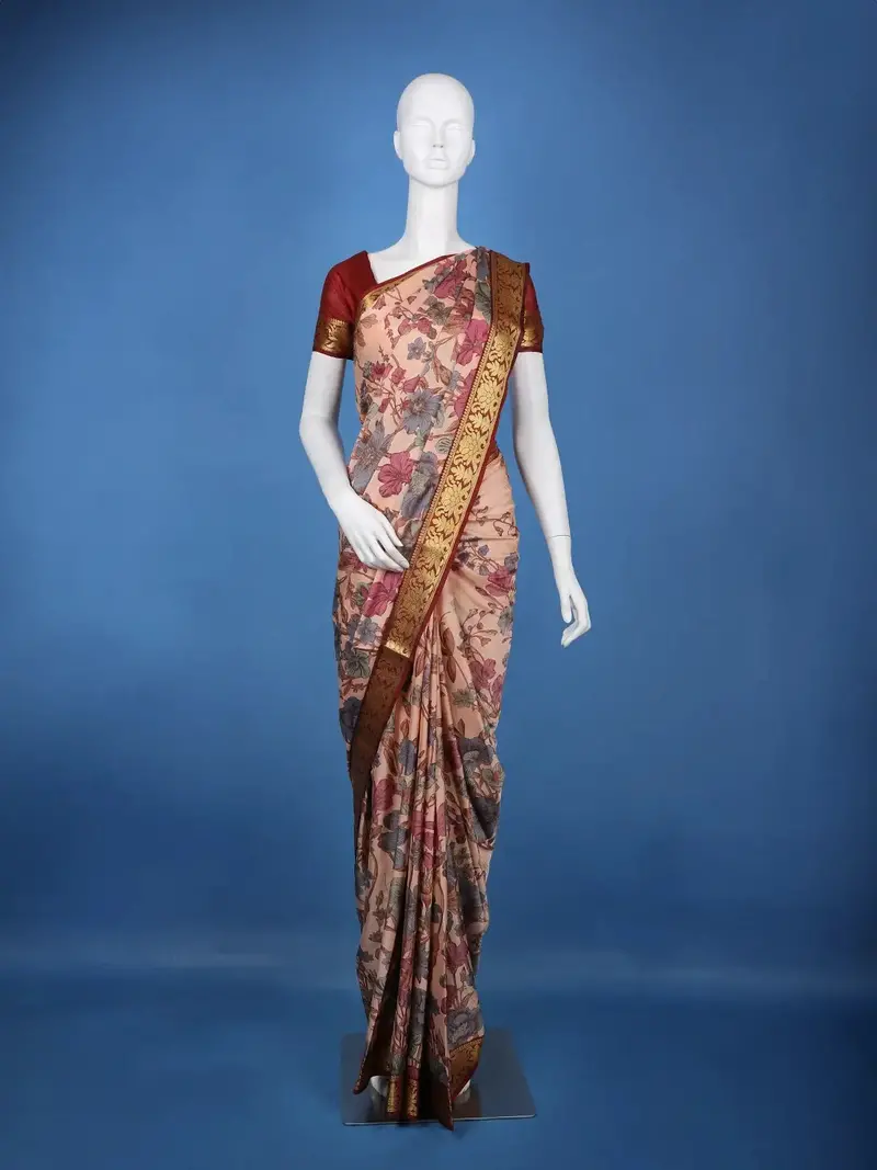 Peach Floral Printed Semi Tussar Silk Saree 1