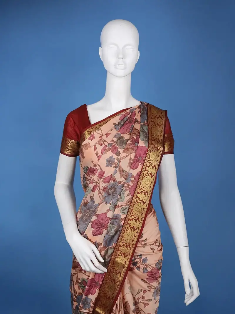 Peach Floral Printed Semi Tussar Silk Saree 2
