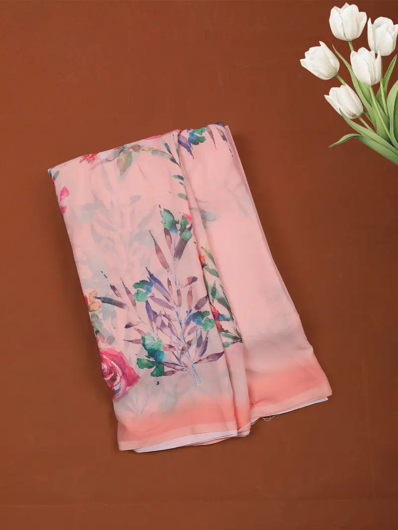 Peach Floral Printed Soft Chiffon Saree 1