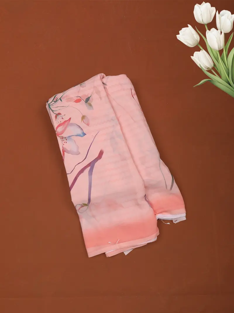 Peach Floral Printed Soft Chiffon Saree 1