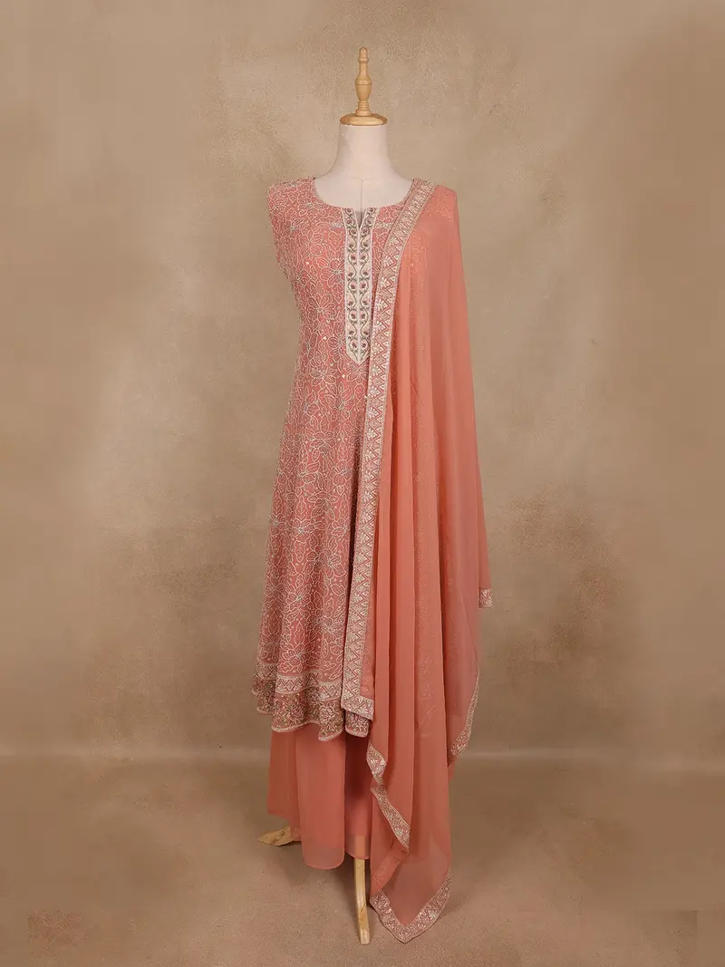Peach Floral Sequins Embroidered Design Georgette Palazzo Suit 1