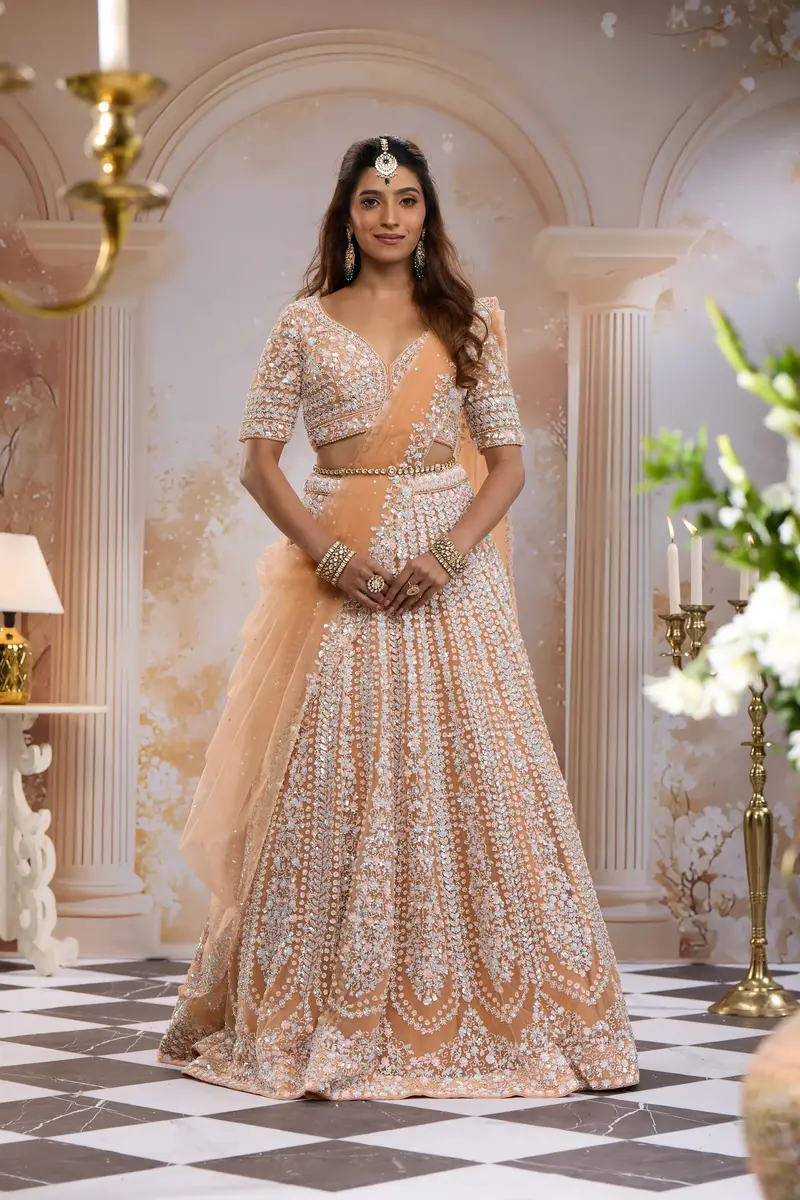 Peach Floral Sequins Embroidered Net Lehenga Set With Dupatta 1