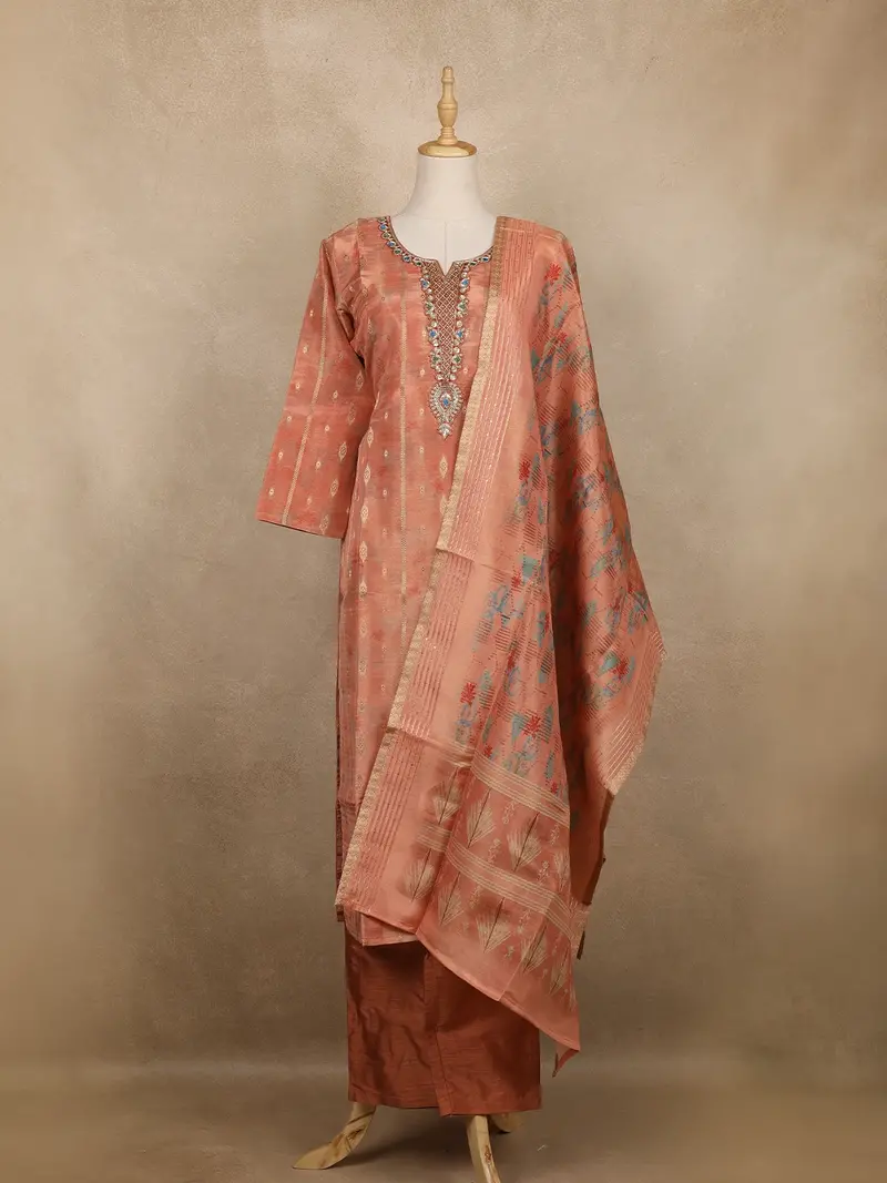 Peach Floral Sequins Embroidery Tissue Silk Salwar Suit 1