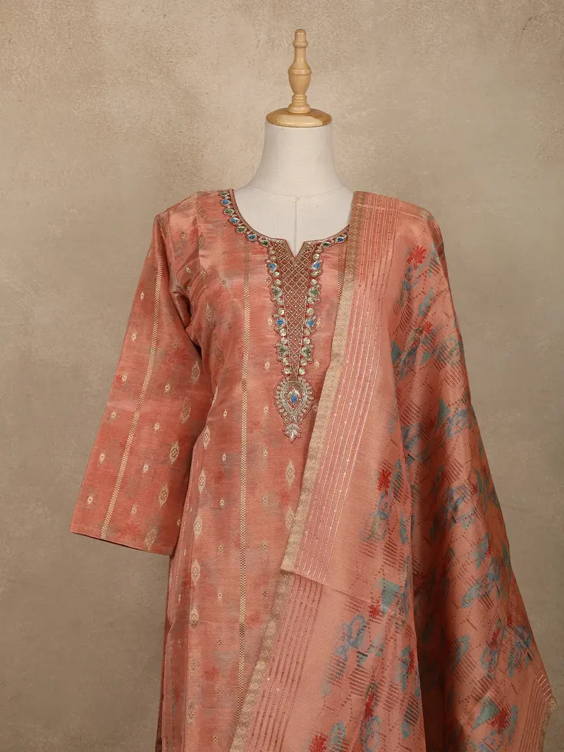 Peach Floral Sequins Embroidery Tissue Silk Salwar Suit 2