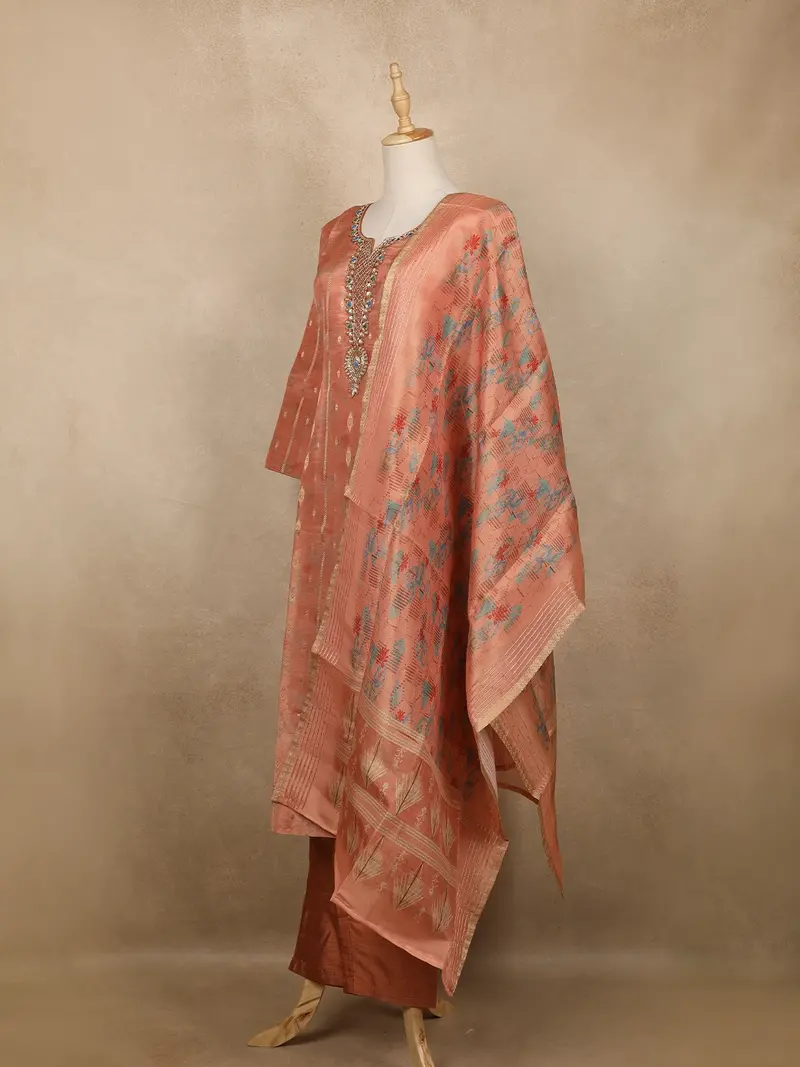 Peach Floral Sequins Embroidery Tissue Silk Salwar Suit 3