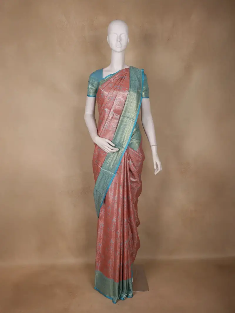 Peach Floral Woven Design Art Silk Saree 1