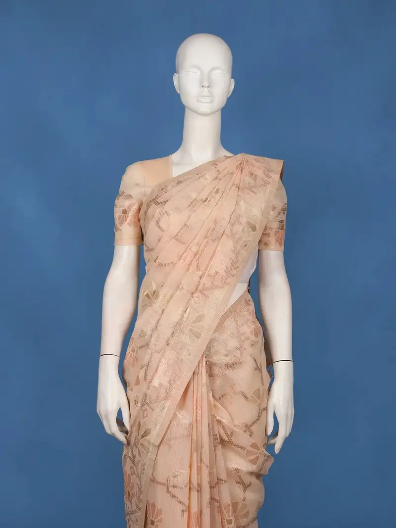 Peach Floral Woven Design Pure Cotton Saree 2