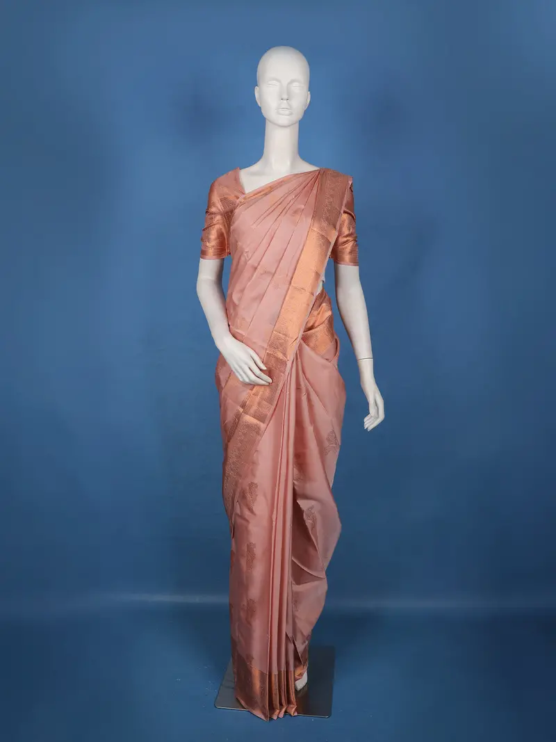 Peach Floral Woven Design Pure Kanchipuram Silk Saree 1