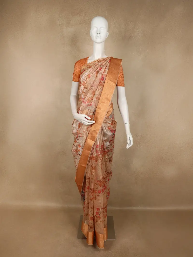 Peach Floral Woven Design Tissue Silk Fancy Saree 1