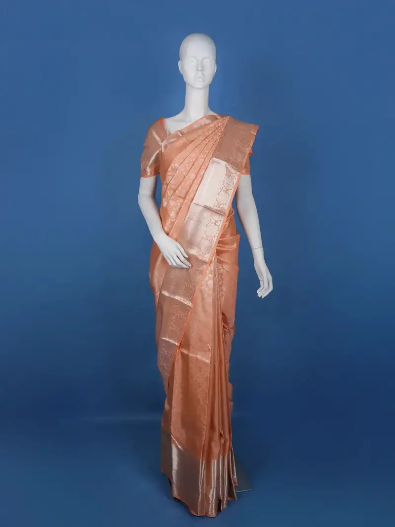 Peach Floral Woven Pure Kanchipuram Silk Saree 1