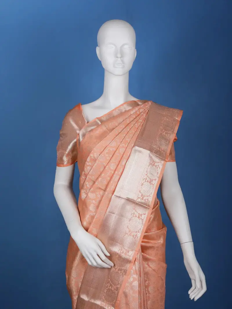 Peach Floral Woven Pure Kanchipuram Silk Saree 2