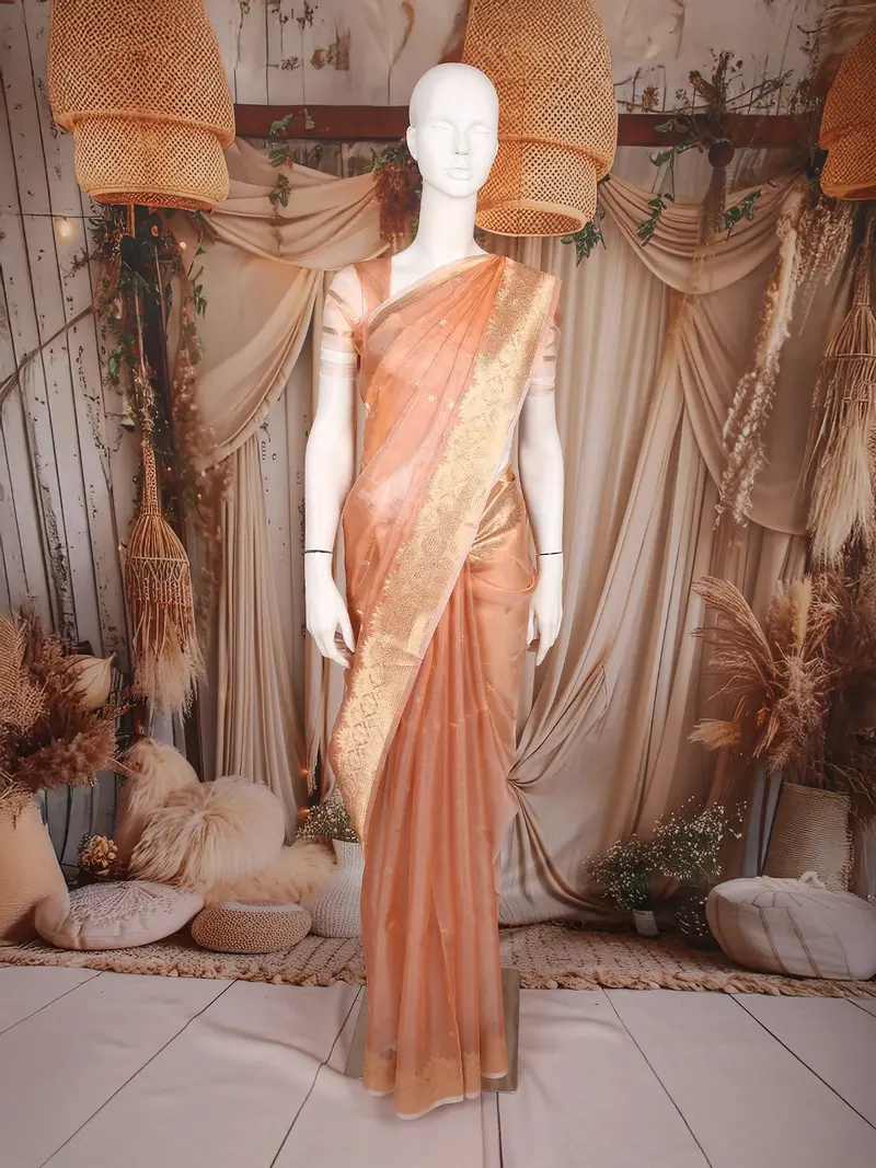 Peach Gold Butta Woven Design Tissue Saree With Gold Zari Border 1