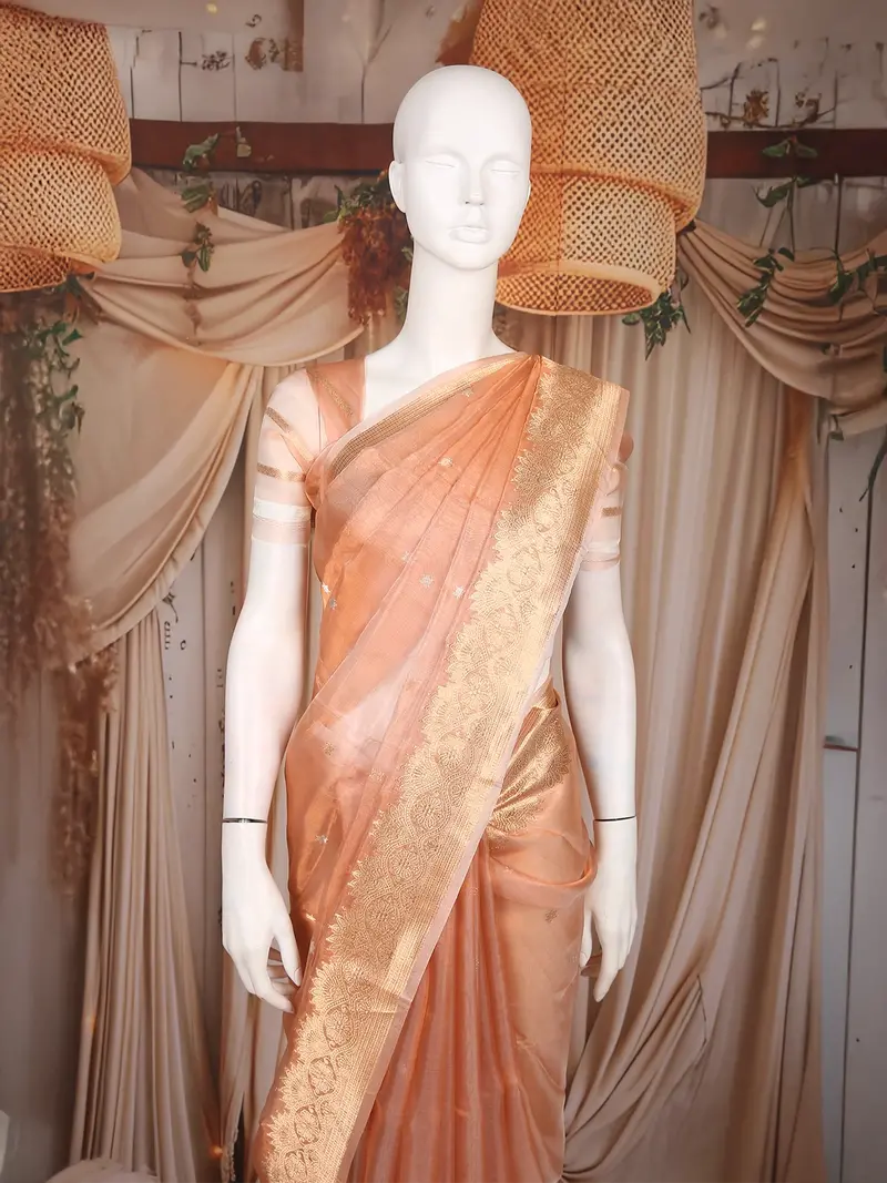 Peach Gold Butta Woven Design Tissue Saree With Gold Zari Border 2