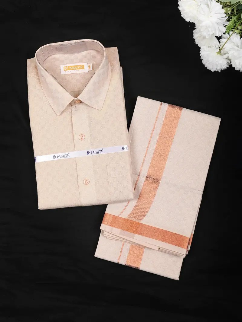 Peach Gold Checked Woven Design Shirt With Copper Zari Border Matching Dhoti Set 1