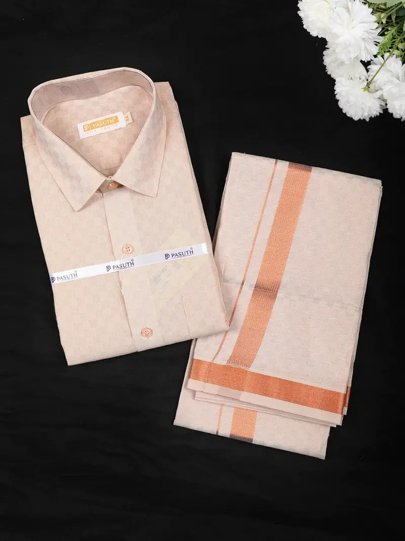 Peach Gold Checked Woven Design Shirt With Copper Zari Border Matching Dhoti Set 1