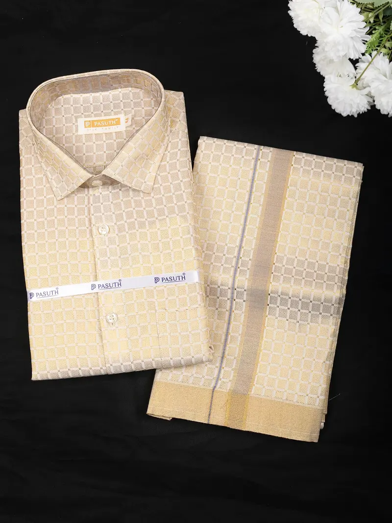 Peach Gold Checked Woven Design Shirt With Copper Zari Border Matching Dhoti Set 1