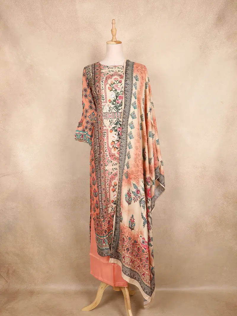 Peach Kashmiri Floral Printed Design Crepe Straight Cut Salwar Suit With Dupatta 1