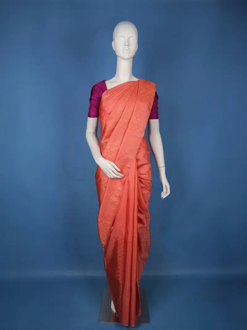 Peach Leaf Motif Woven Pure Kanchipuram Silk Saree 1