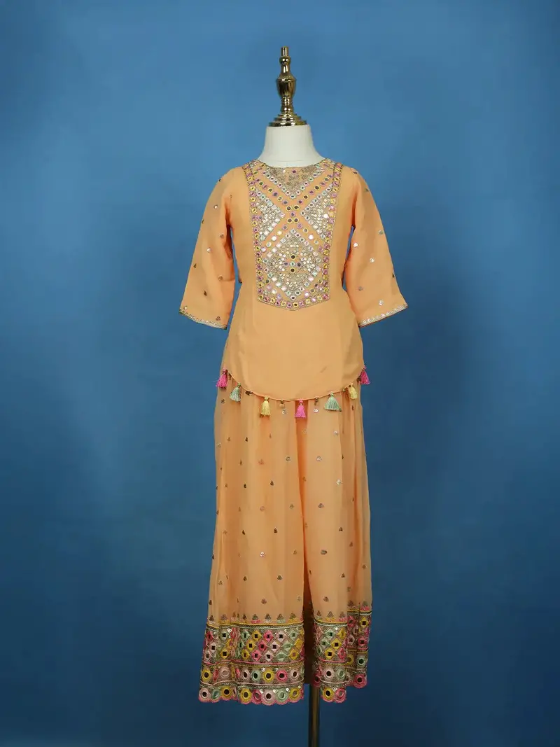 Peach Mirror Work Georgette Kids Palazzo Suit 1