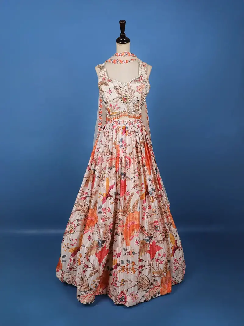 Peach Multi-Color Floral Embroidered Synthetic Lehenga Set 1
