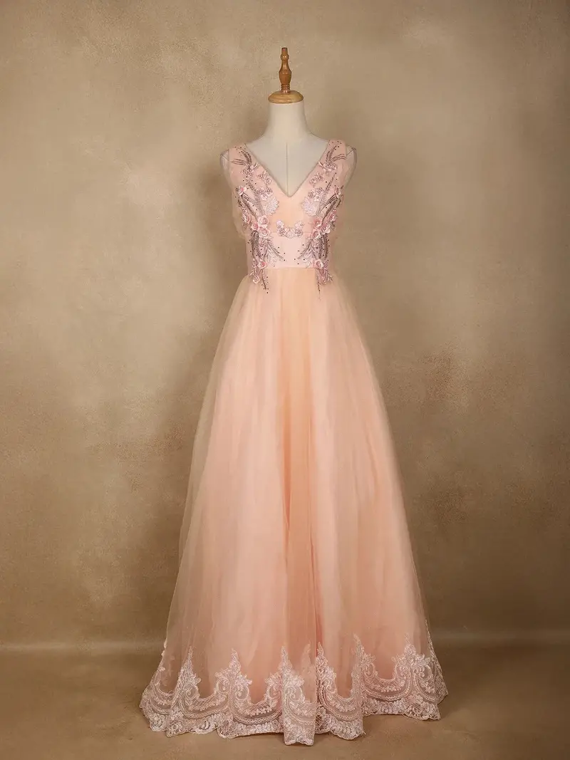Peach Net Floral Embroidery Party Wear Gown 1