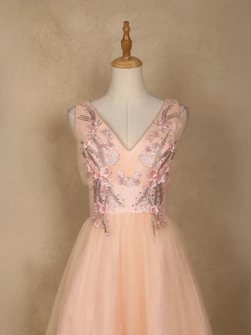 Peach Net Floral Embroidery Party Wear Gown 2