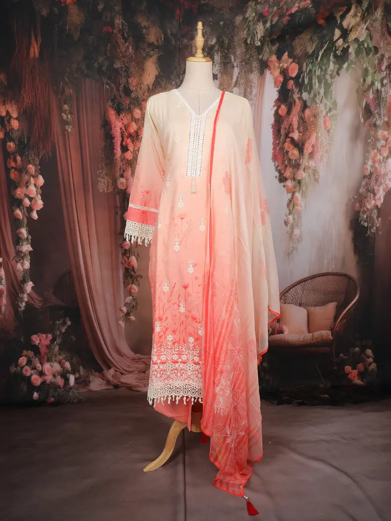Peach Ombre Floral Design Cotton Salwar Suit With Dupatta 1