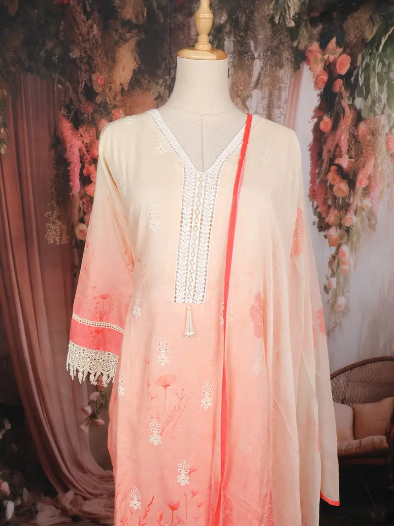 Peach Ombre Floral Design Cotton Salwar Suit With Dupatta 2