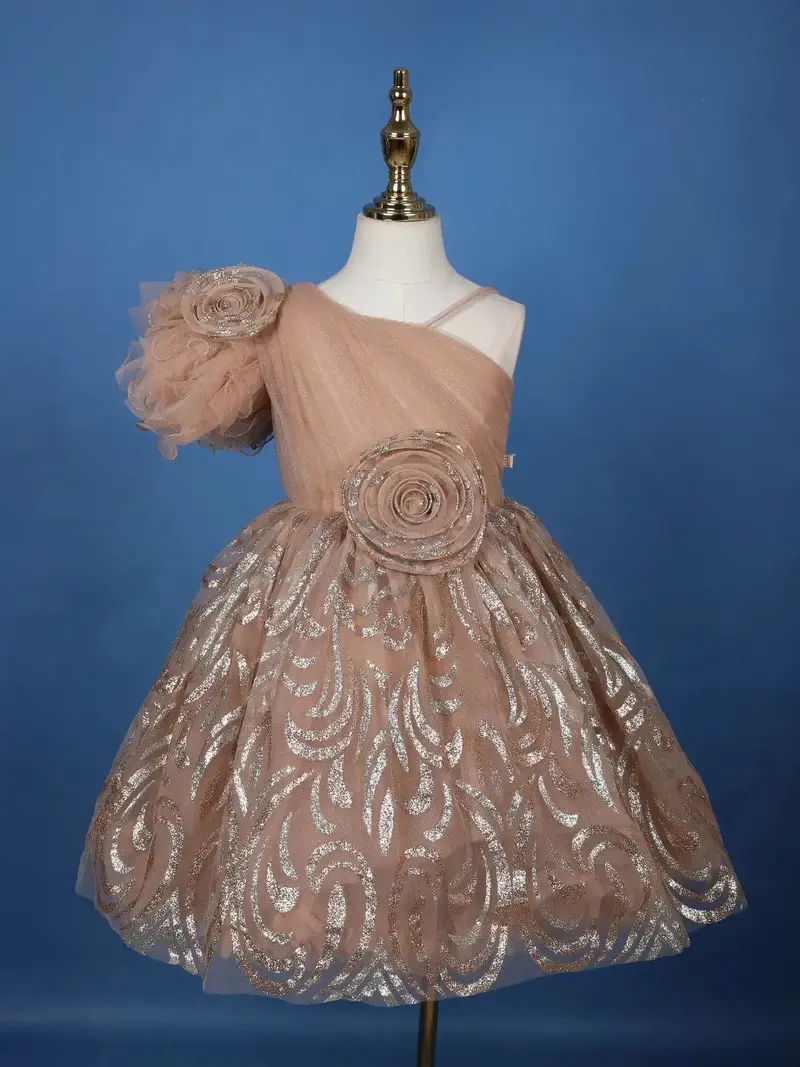 Peach One-Shoulder Glitter Net Party Frock With 3D Floral Embellishments 1