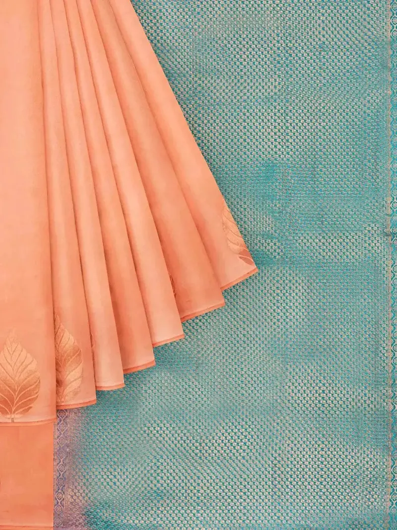 Peach Orange Art Silk Saree With Leaf Motif On The Body And Without Border 1