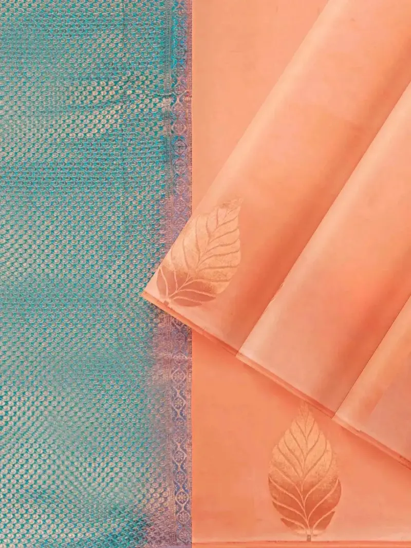 Peach Orange Art Silk Saree With Leaf Motif On The Body And Without Border 2