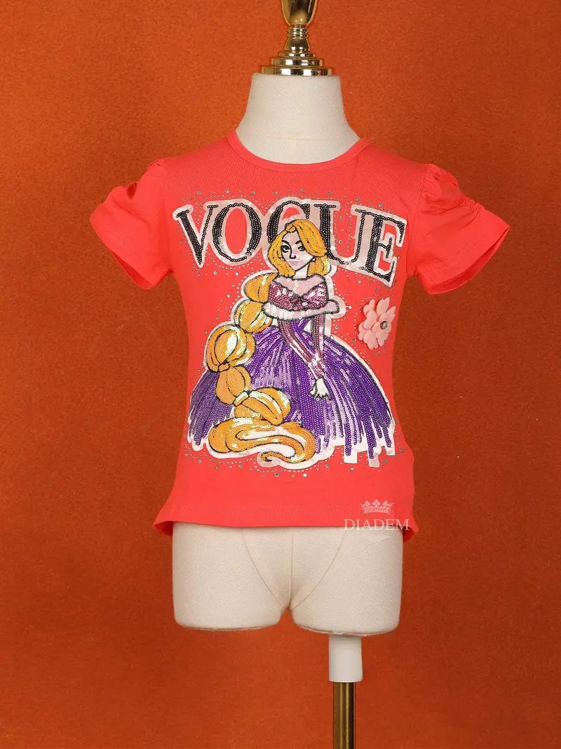 Peach Orange Cotton Half Sleeve Embroidery T-Shirt For Girls 1