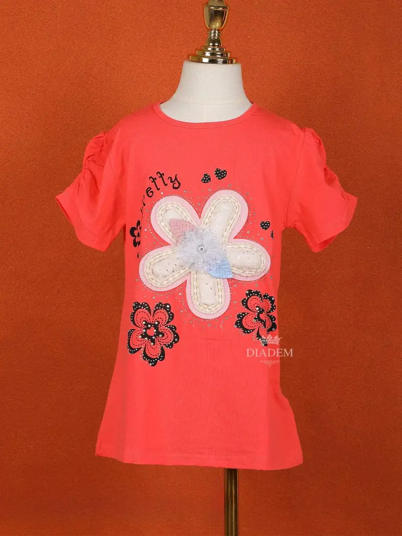 Peach Orange Cotton Half Sleeve Embroidery T-Shirt For Girls 1