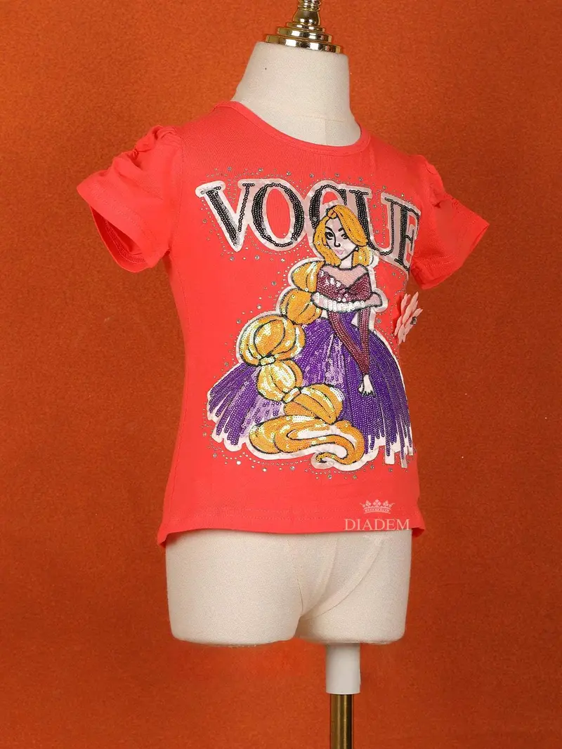 Peach Orange Cotton Half Sleeve Embroidery T-Shirt For Girls 2