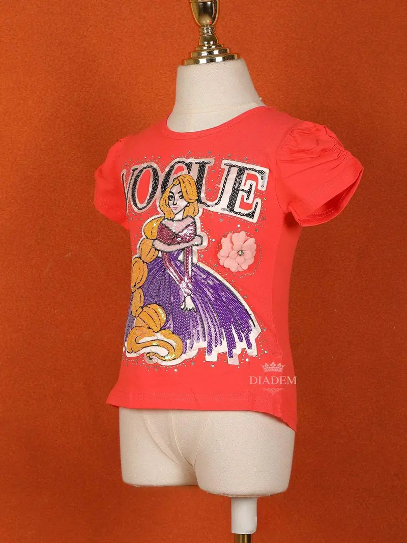 Peach Orange Cotton Half Sleeve Embroidery T-Shirt For Girls 3