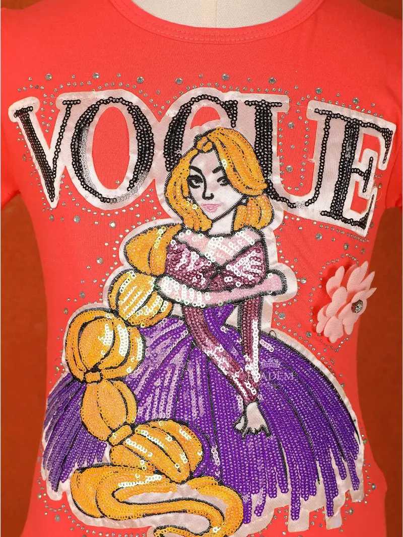 Peach Orange Cotton Half Sleeve Embroidery T-Shirt For Girls 4