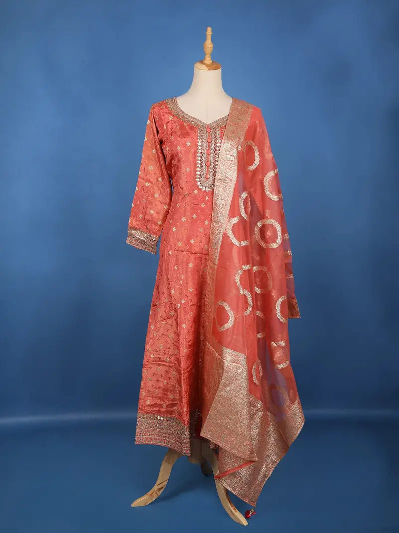 Peach Orange Embellished Design Semi Silk Salwar Suit 1