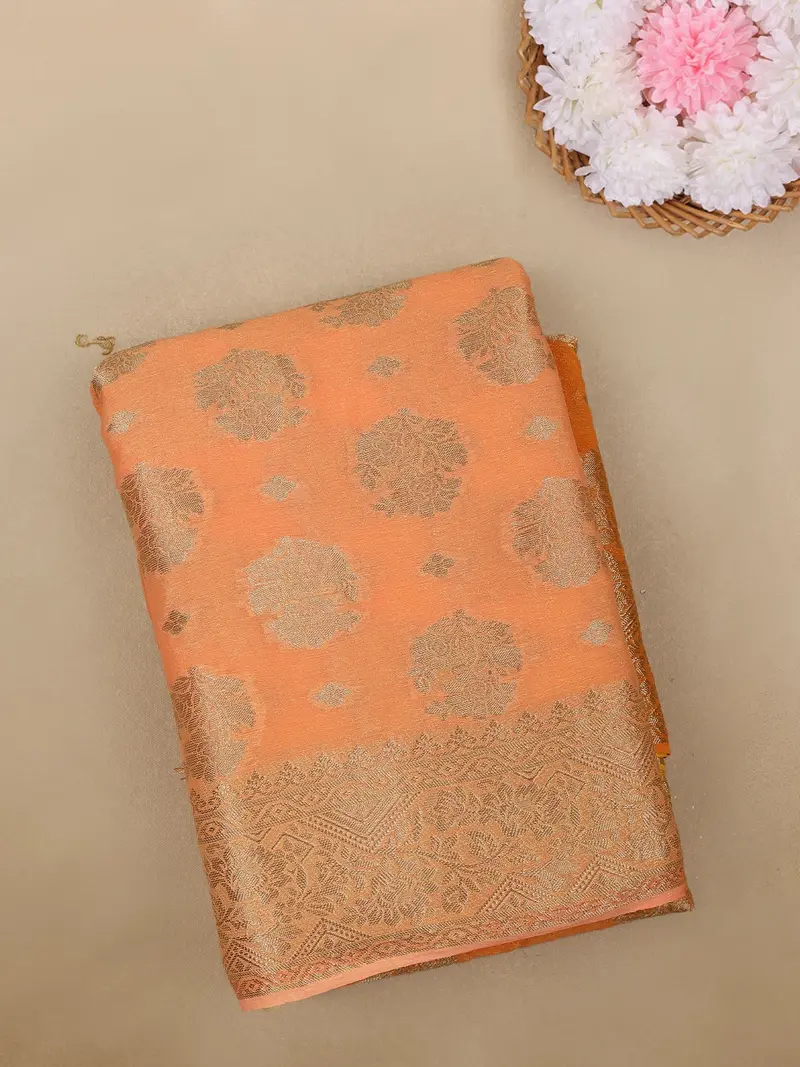 Peach Orange Floral Butta Woven Banarasi Silk Saree With Zari Border 1