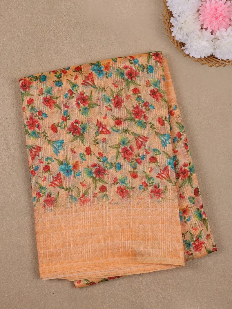 Peach Orange Floral Designed Fancy Cotton Saree 1