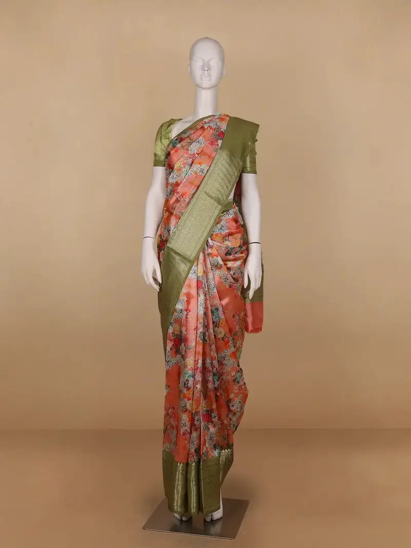 Peach Orange Floral Designed Kora Printed Saree 1
