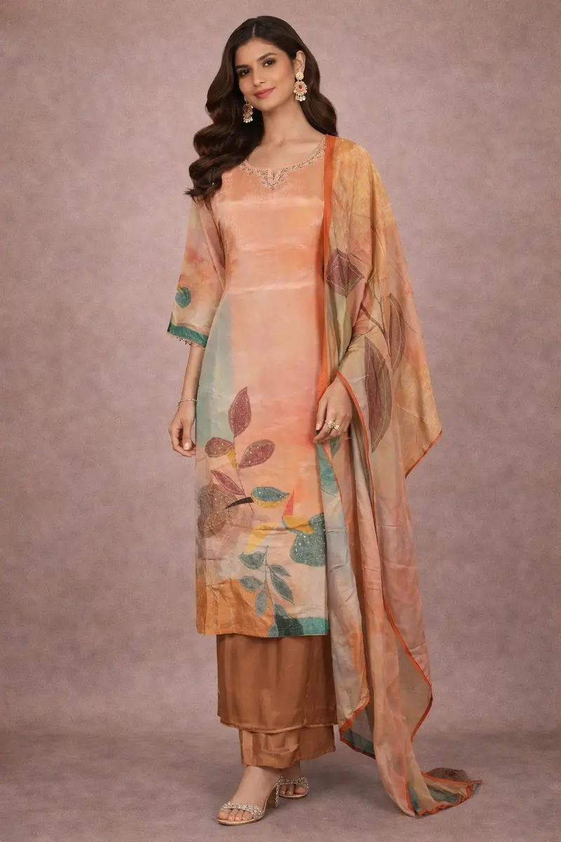 Peach-Orange Floral Embroidered Sequin Work Georgette Salwar Suit 1
