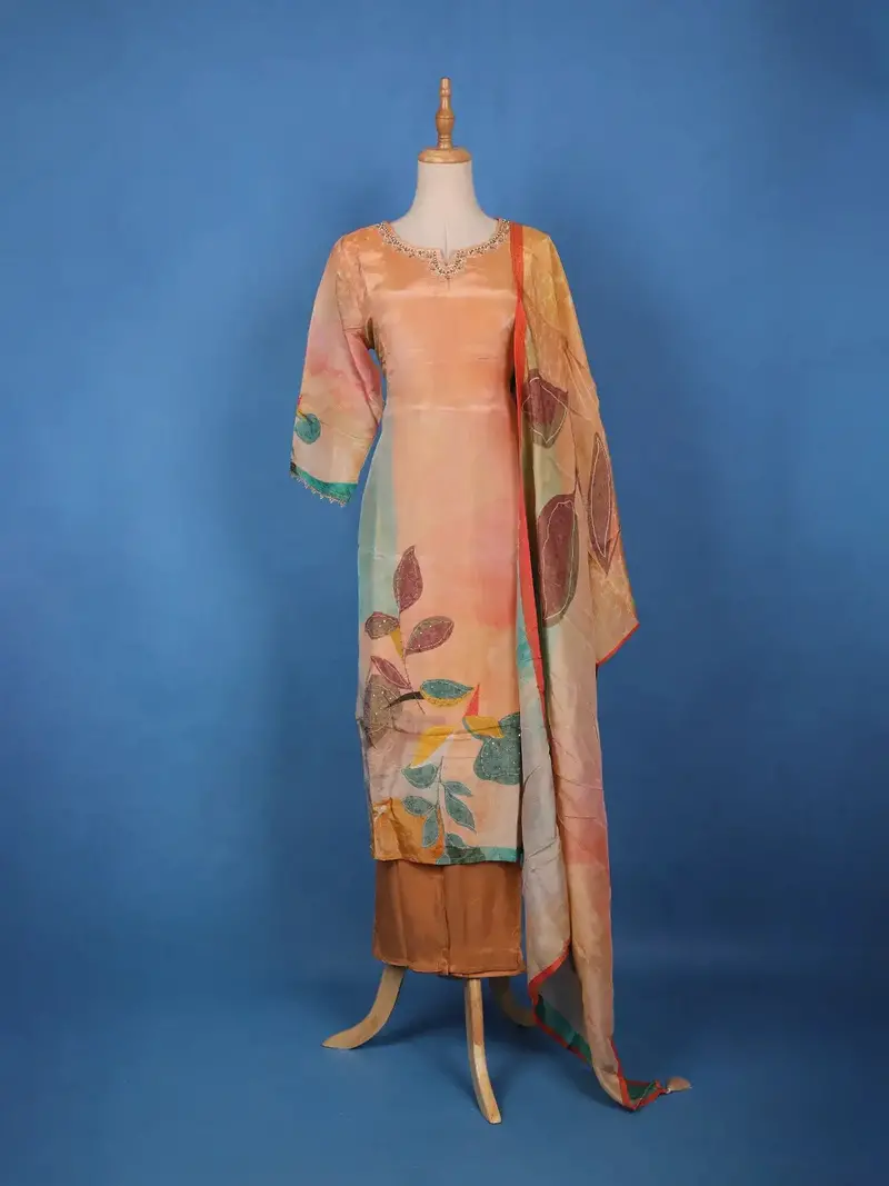 Peach-Orange Floral Embroidered Sequin Work Georgette Salwar Suit 2