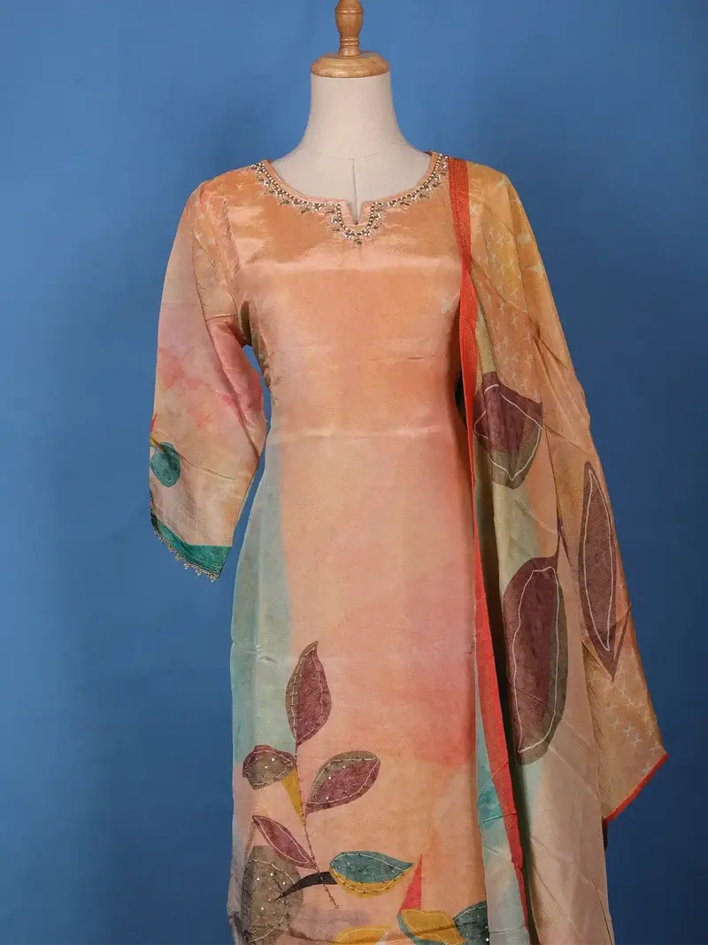 Peach-Orange Floral Embroidered Sequin Work Georgette Salwar Suit 3