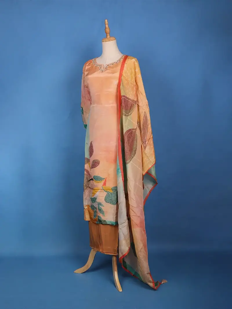 Peach-Orange Floral Embroidered Sequin Work Georgette Salwar Suit 4