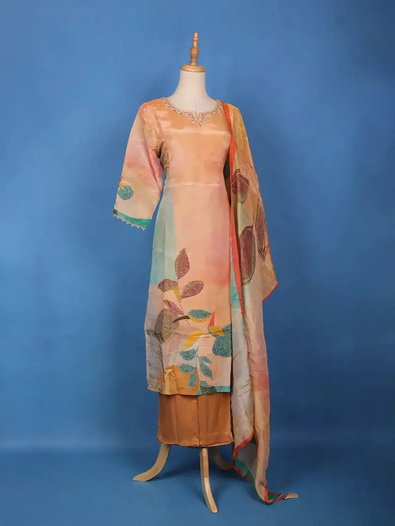 Peach-Orange Floral Embroidered Sequin Work Georgette Salwar Suit 5