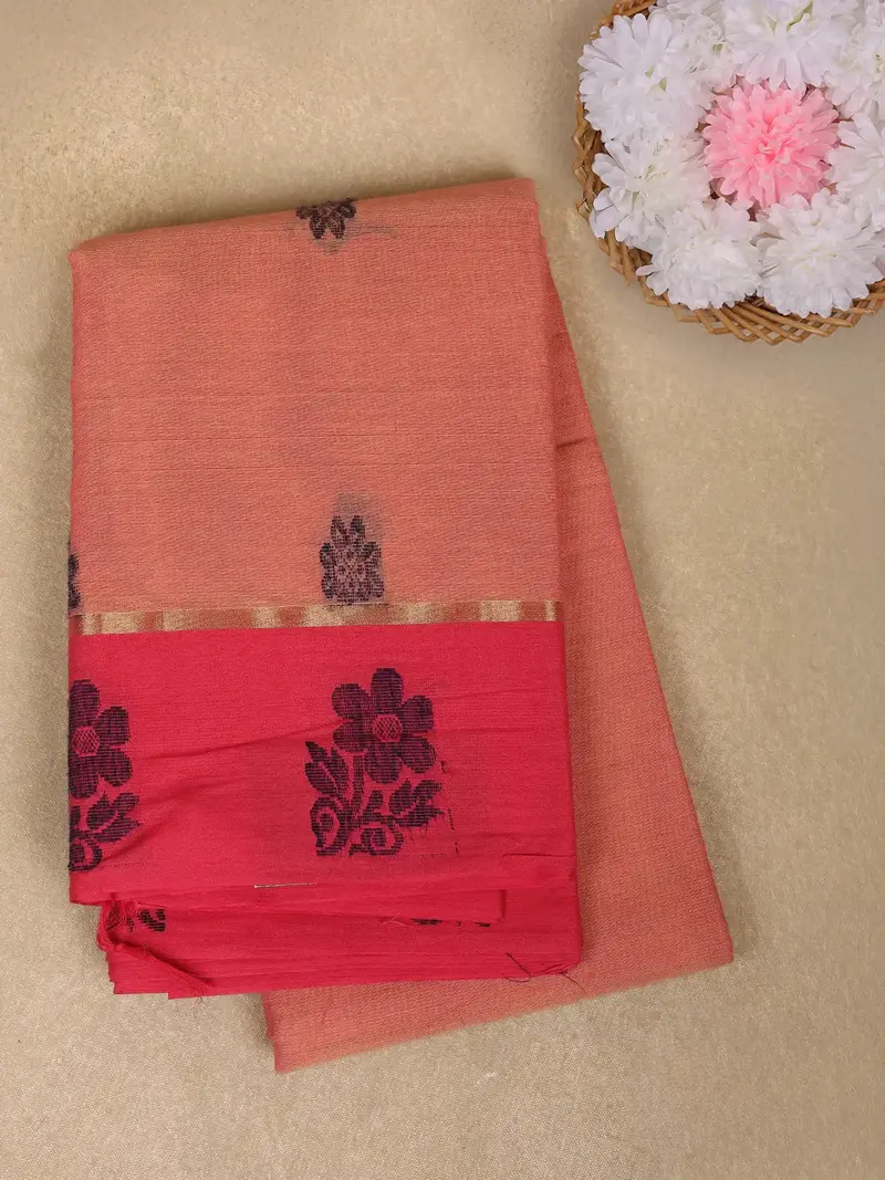 Peach Orange Floral Motif Design Cotton Saree With Contrast Red Border 1
