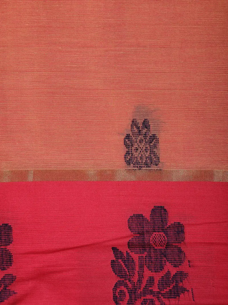Peach Orange Floral Motif Design Cotton Saree With Contrast Red Border 2