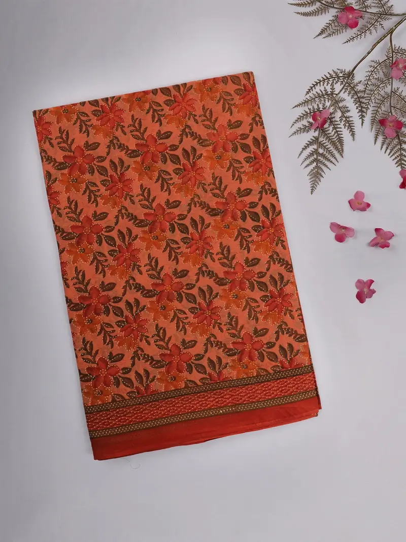 Peach Orange Floral Printed Design Karishma Cotton Saree 1