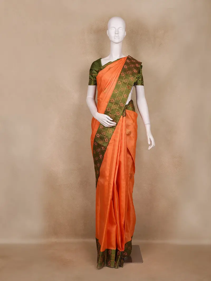 Peach Orange Paisley Woven Pure Kanchipuram Silk Saree 1